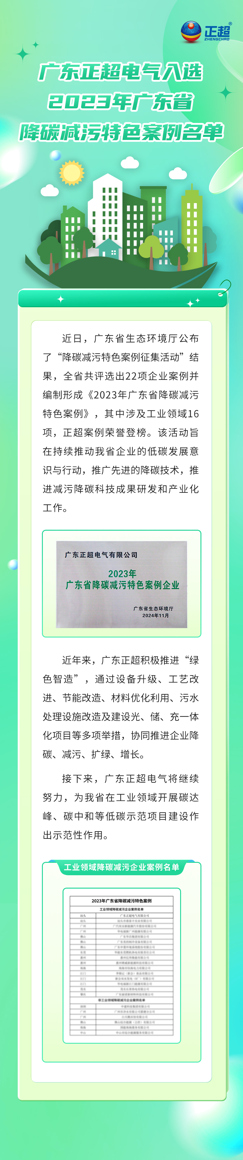 广东正超電(diàn)气入选2023年广东省降碳减污特色案例名(míng)单