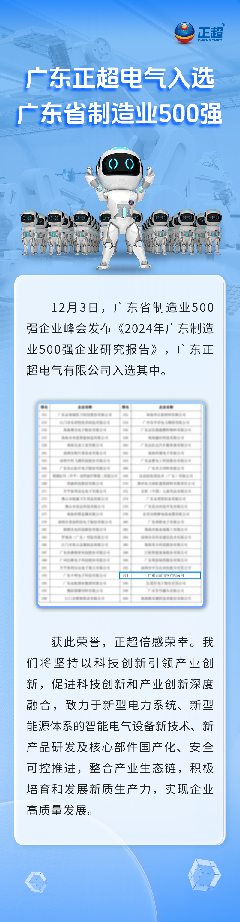 广东正超電(diàn)气入选广东省制造业500强